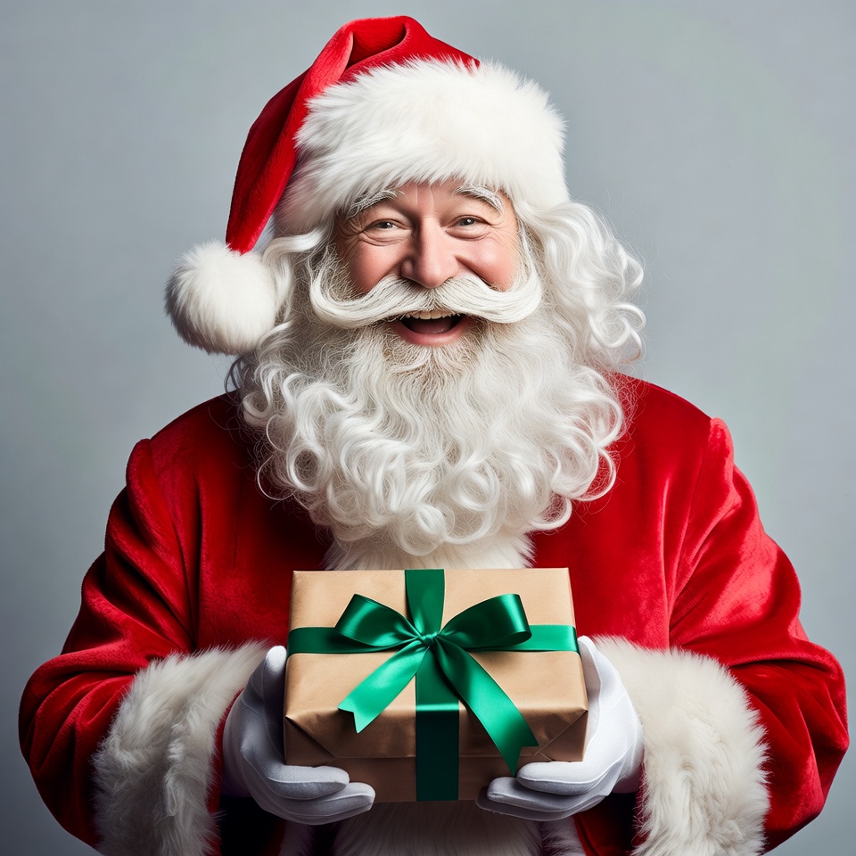 Santa Claus holding green gift box Santa Claus holding green gift box