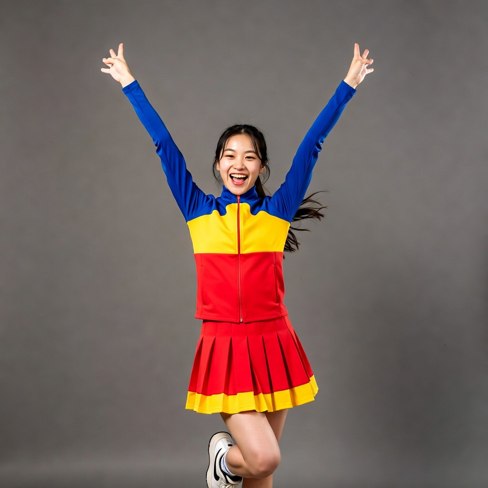 Asian girl in cheerleader uniform jumping Asian girl in cheerleader uniform jumping