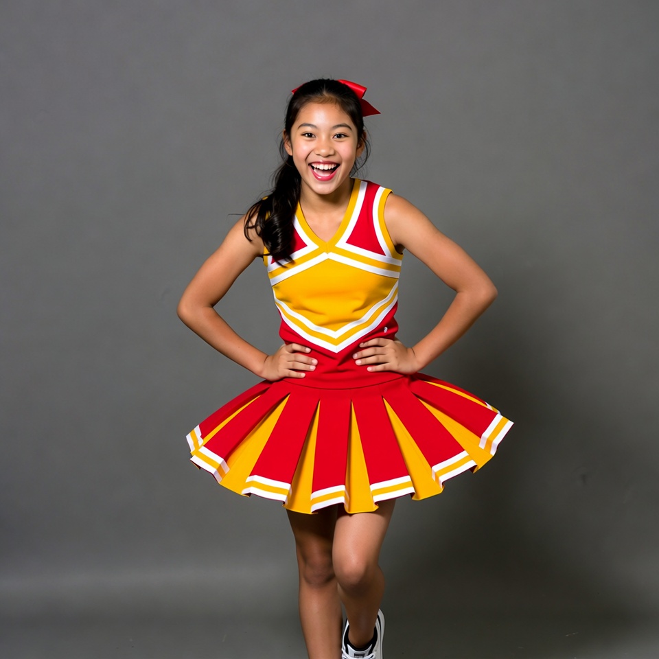 Asian girl in red cheerleader uniform Asian girl in red cheerleader uniform