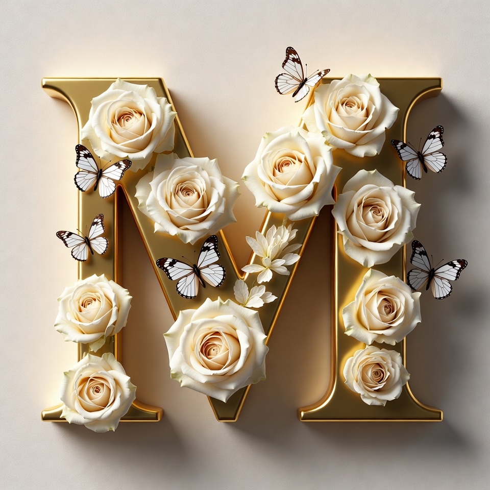 Golden M with White Roses and Butterflies Golden M with White Roses and Butterflies