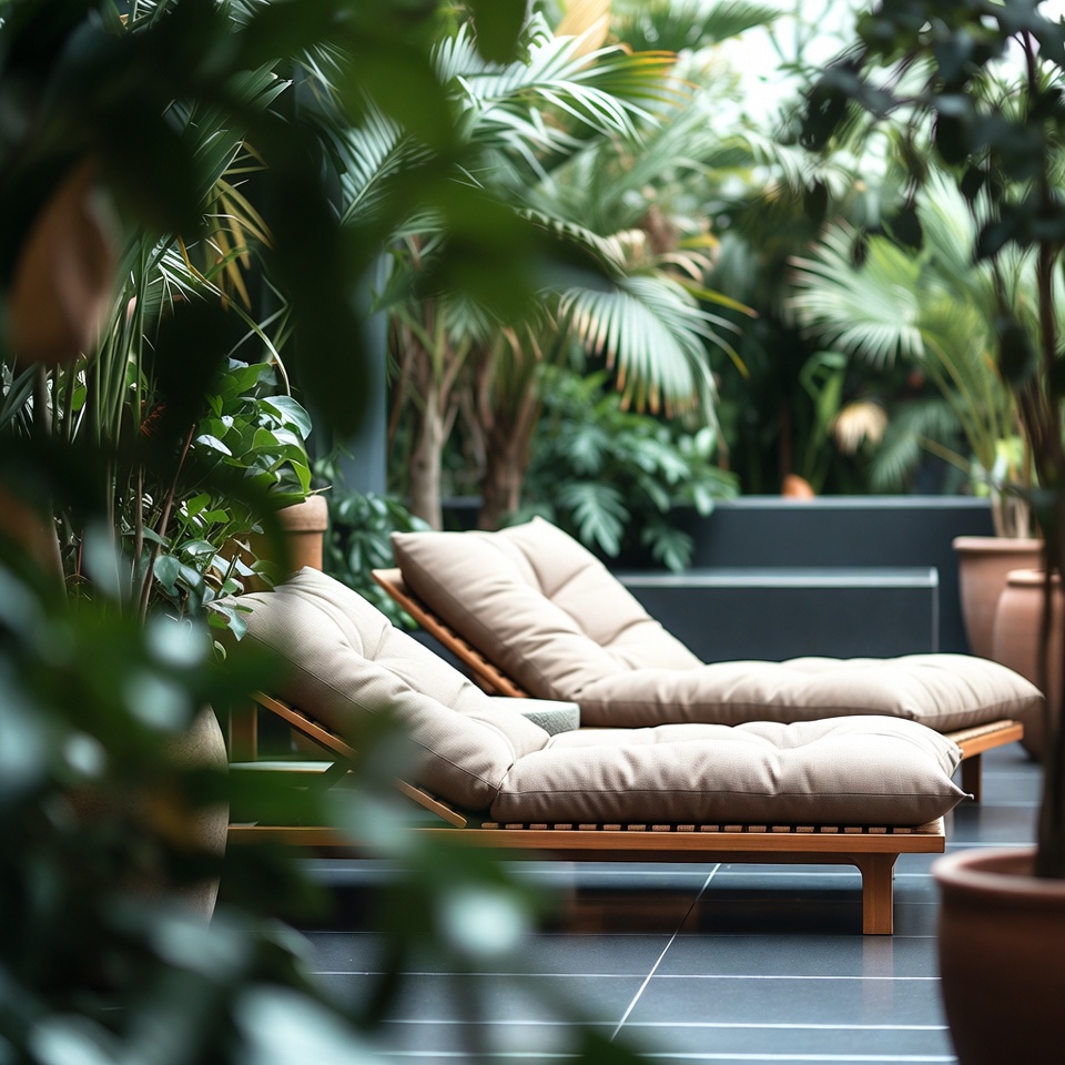 Lounge chairs in lush tropical plants Lounge chairs in lush tropical plants