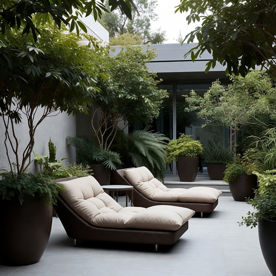 Beige Chaise Lounges in Lush Garden Beige Chaise Lounges in Lush Garden