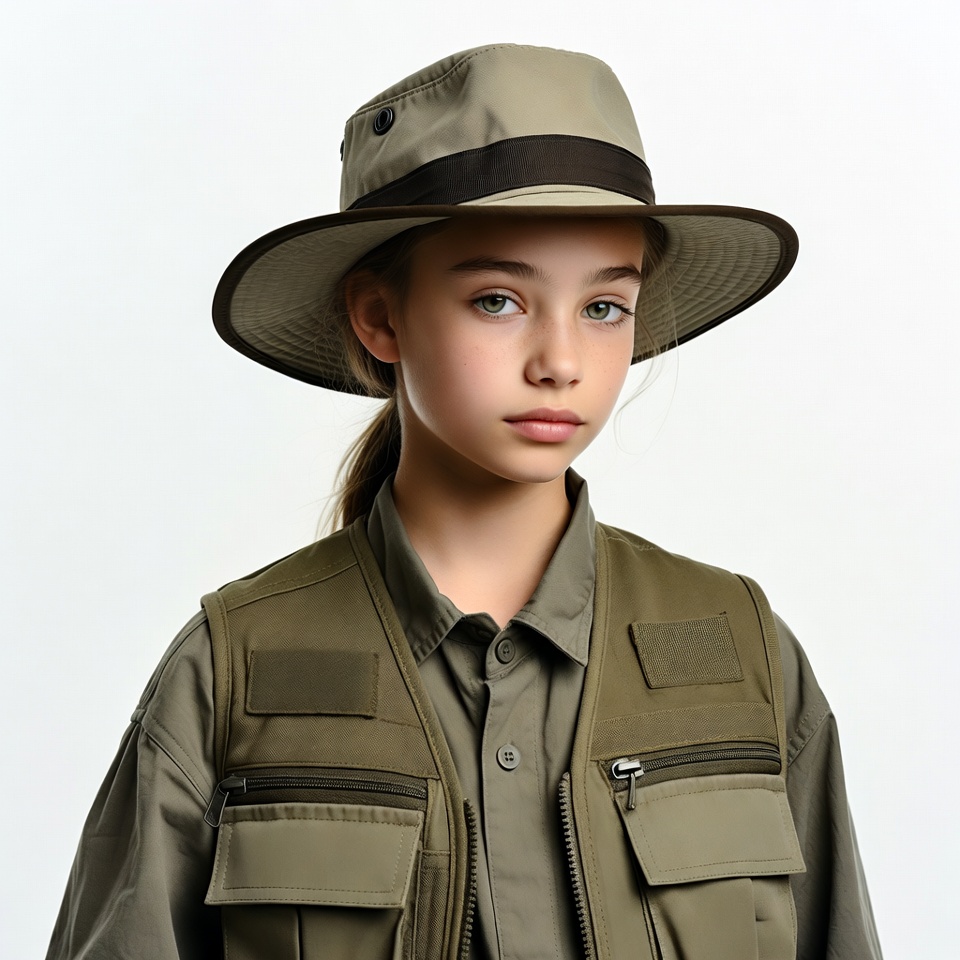 Girl wearing safari hat and vest Girl wearing safari hat and vest