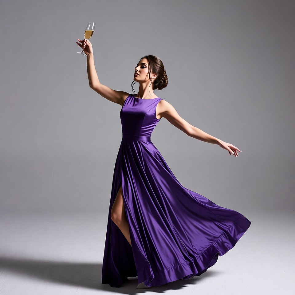 Woman holding champagne glass in purple gown Woman holding champagne glass in purple gown