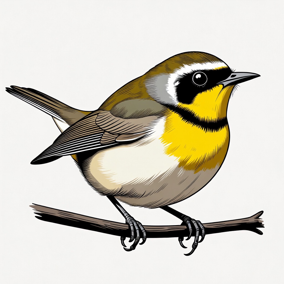 Cartoon yellow-breasted chat perched on branch Cartoon yellow-breasted chat perched on branch