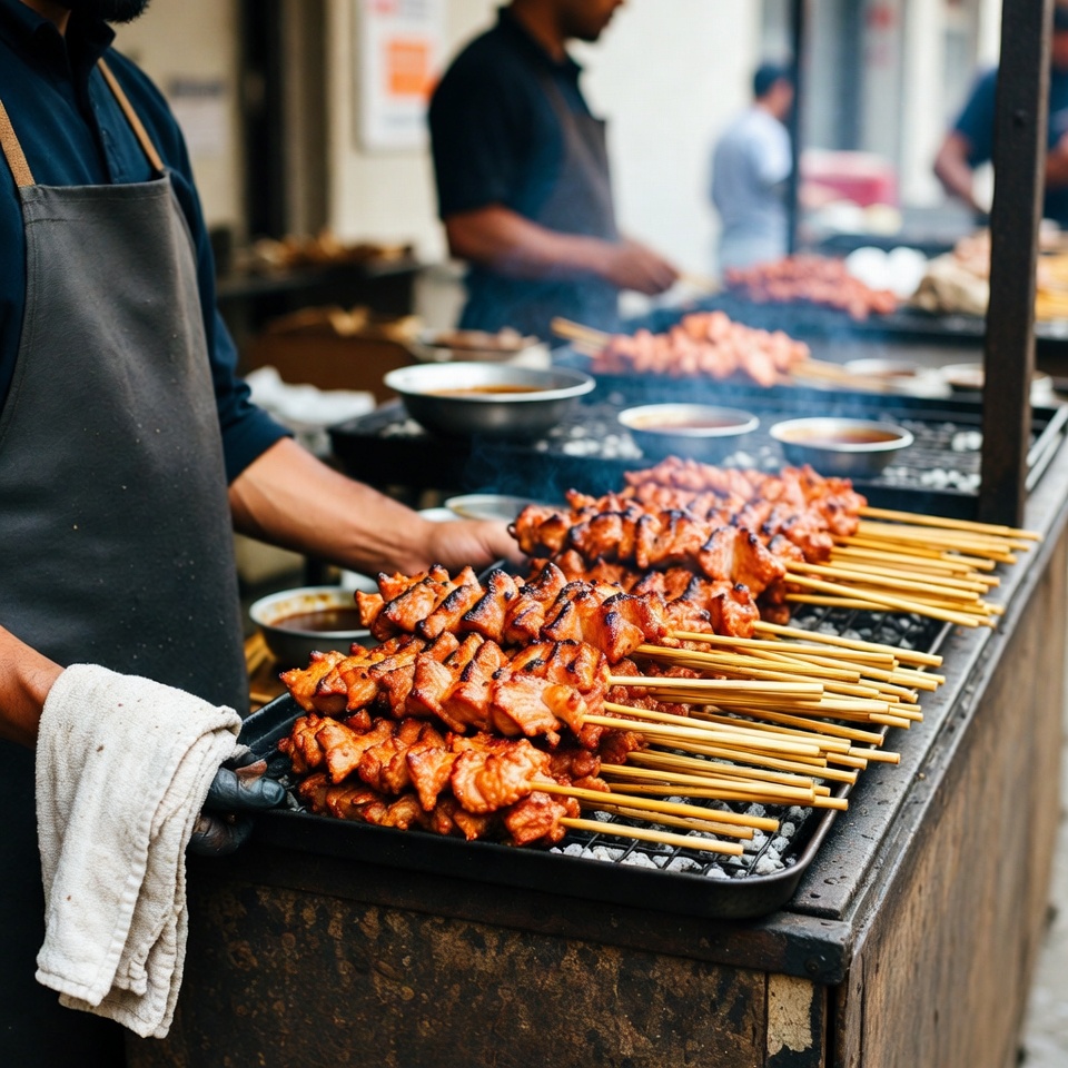 Asian man grilling chicken satay skewers Asian man grilling chicken satay skewers