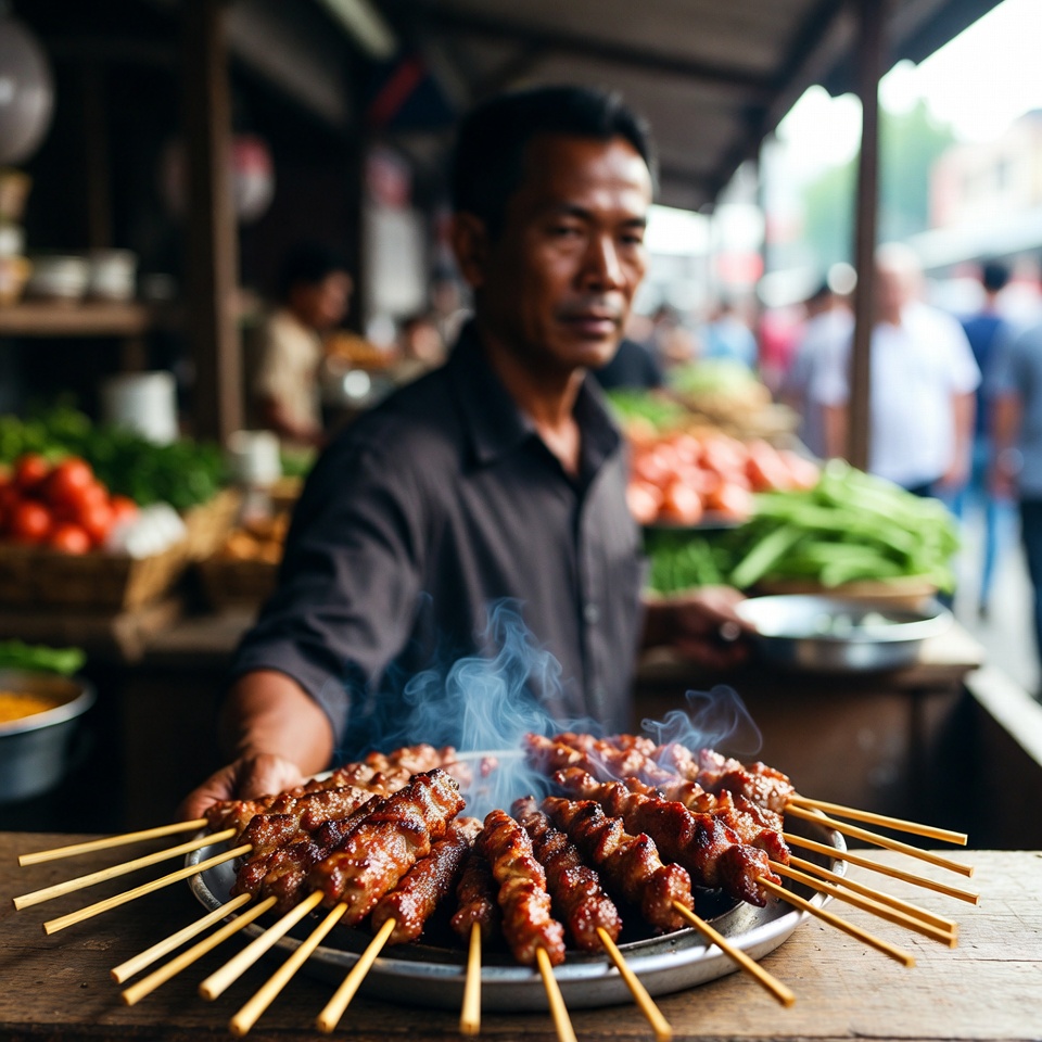 Asian man holding grilled skewers Asian man holding grilled skewers