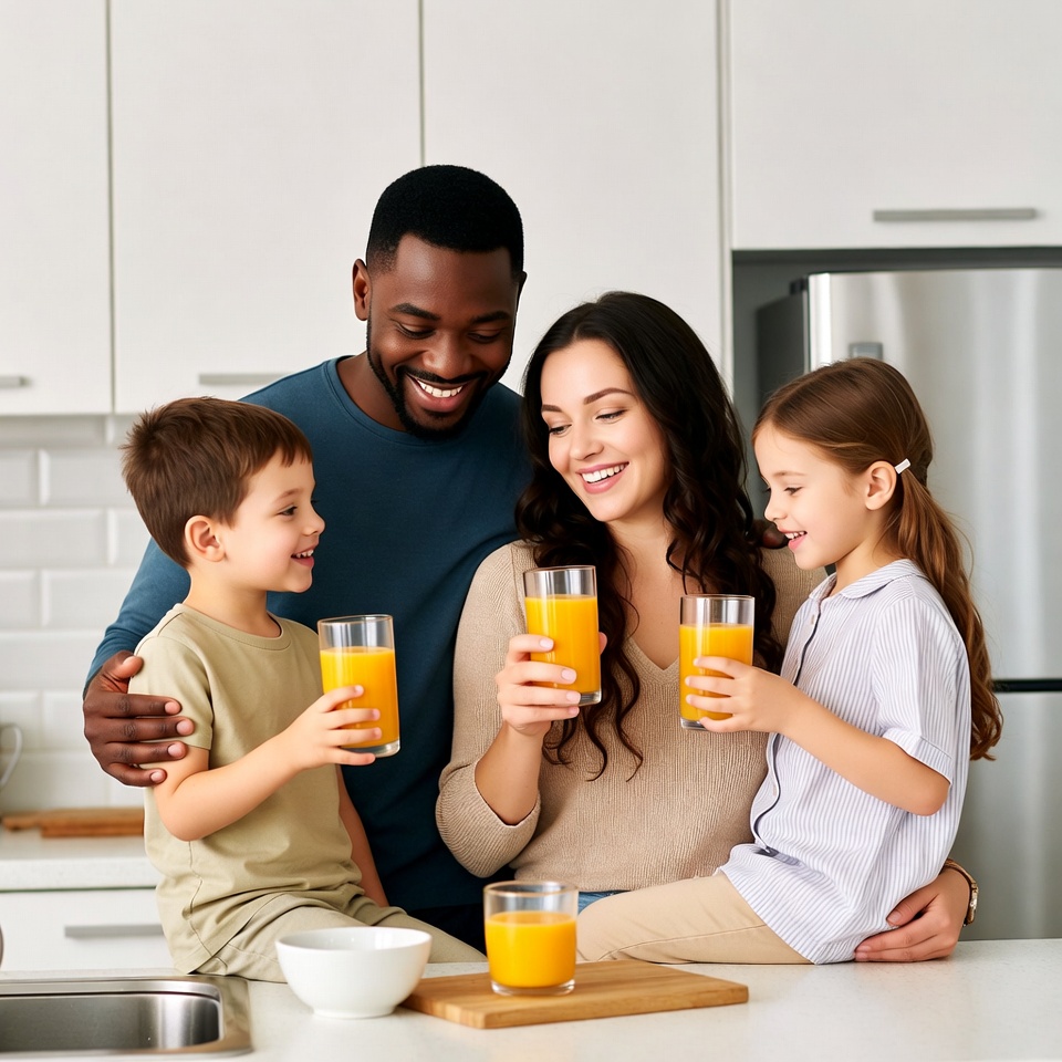 Happy family drinking orange juice Happy family drinking orange juice