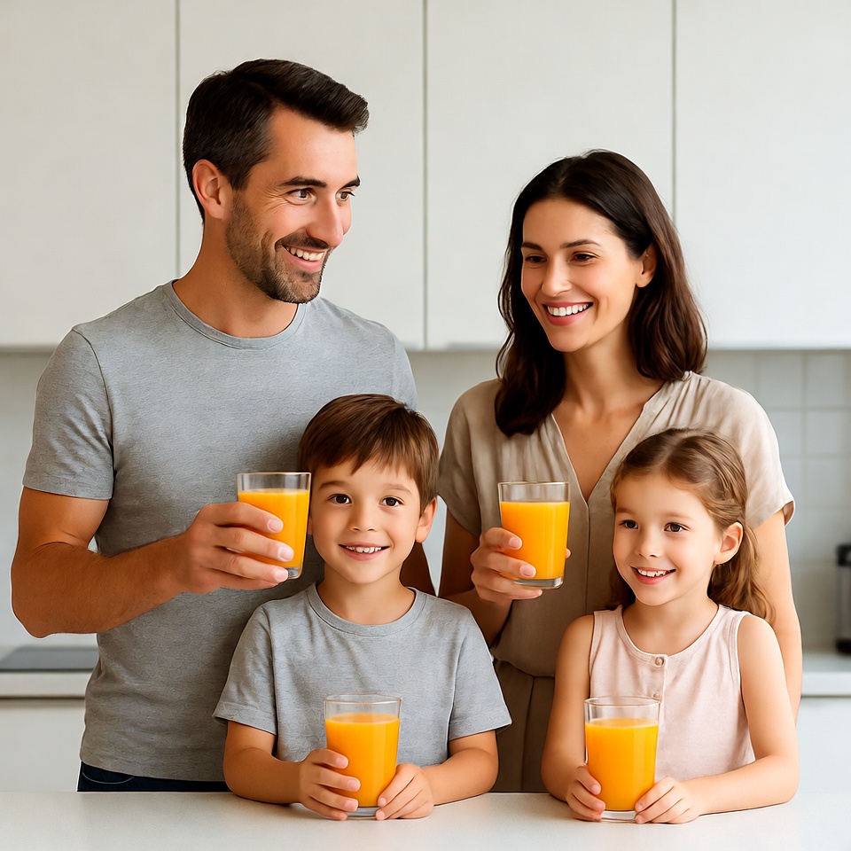 Family holding orange juice glasses Family holding orange juice glasses