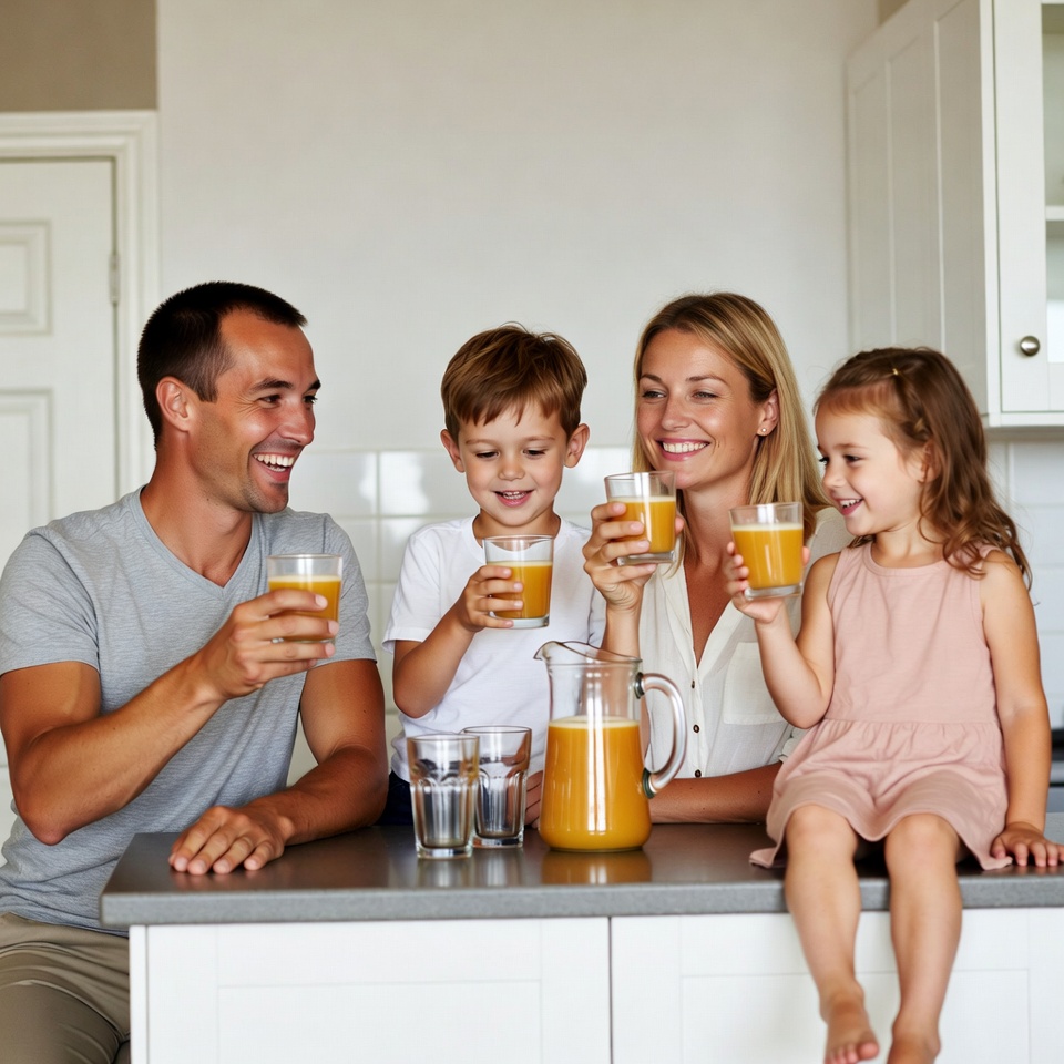 Family drinking orange juice together Family drinking orange juice together