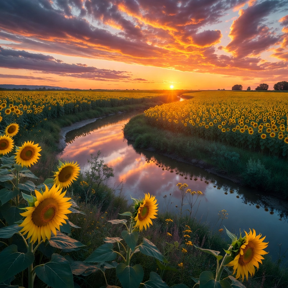 Sunset over sunflower field with river Sunset over sunflower field with river