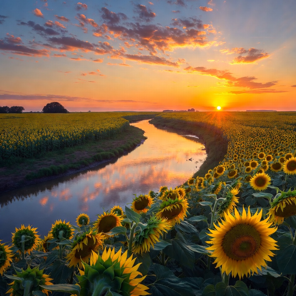 Sunflowers Field with River at Sunset Sunflowers Field with River at Sunset
