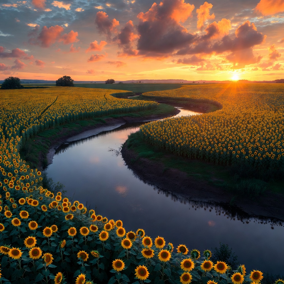 Sunflowers Field with Winding River at Sunset Sunflowers Field with Winding River at Sunset