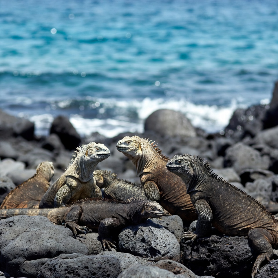 Group of marine iguanas on rocky beach Group of marine iguanas on rocky beach