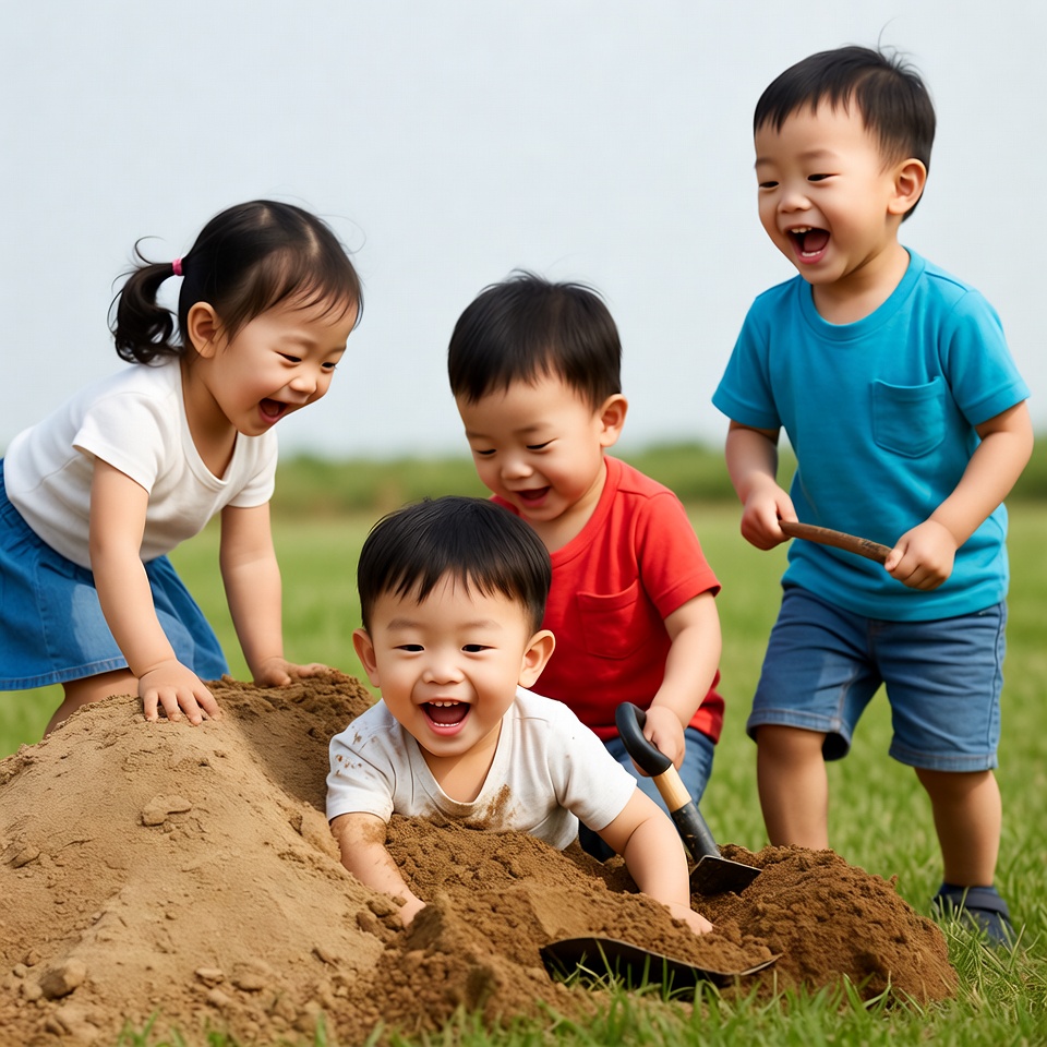 Asian kids playing with sand pile Asian kids playing with sand pile