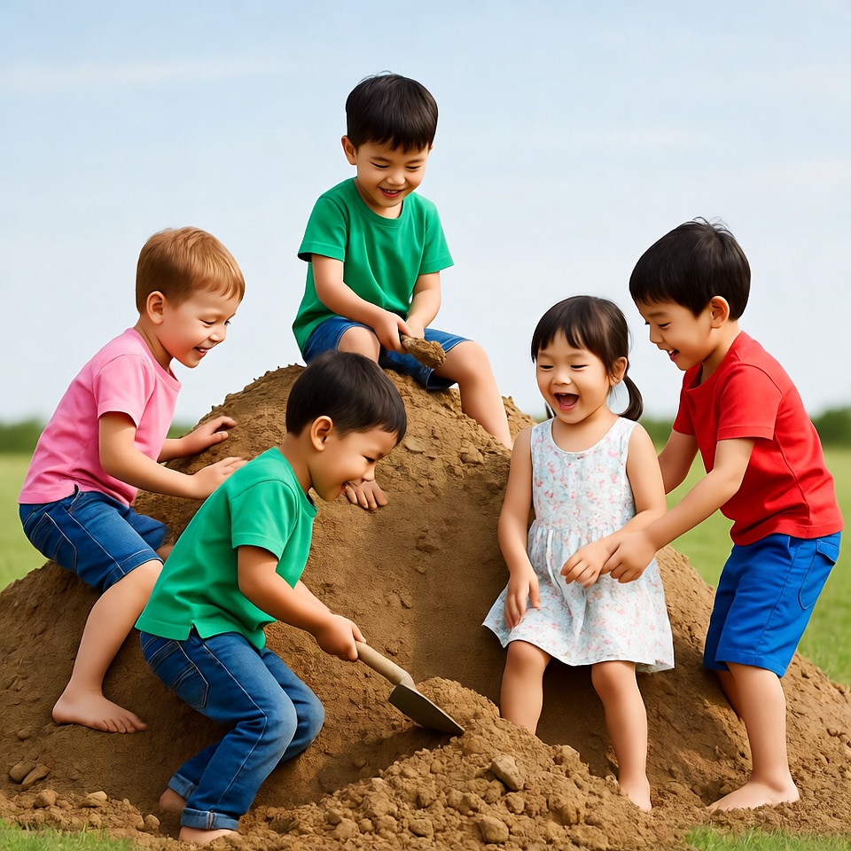 Asian children playing in sand pile Asian children playing in sand pile