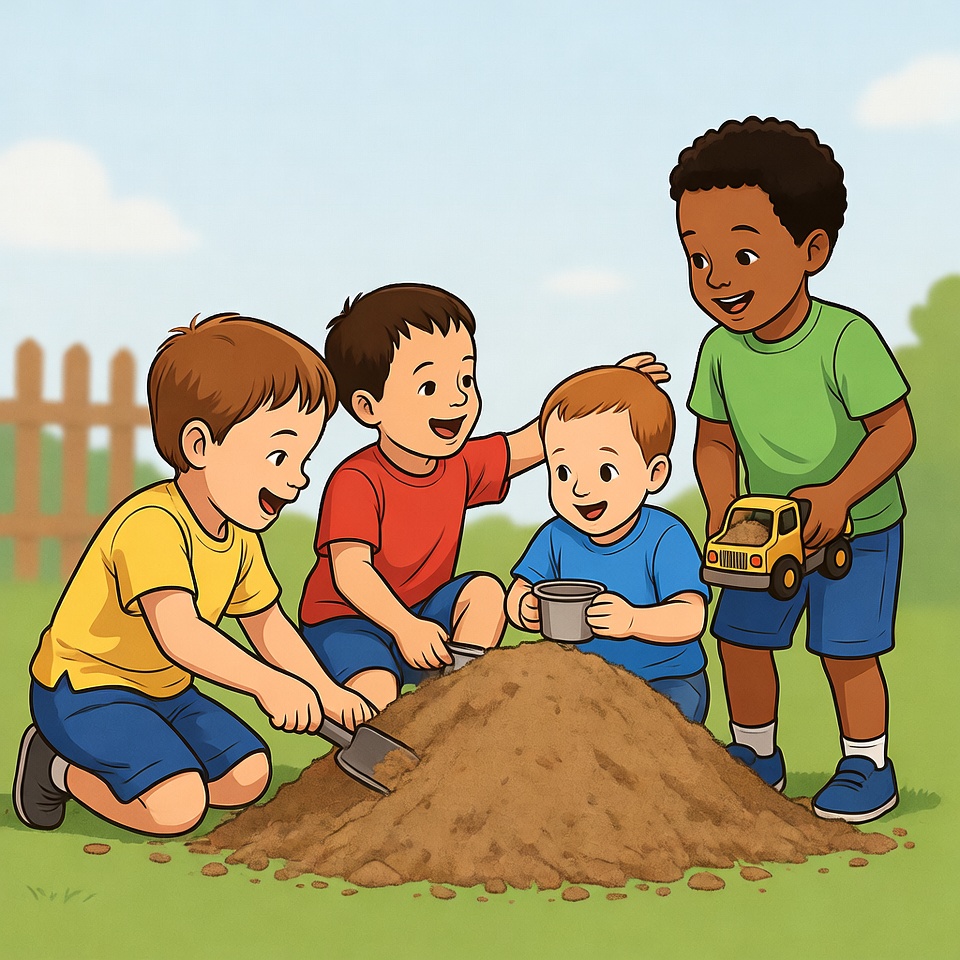 Boys playing with sand and toys Boys playing with sand and toys