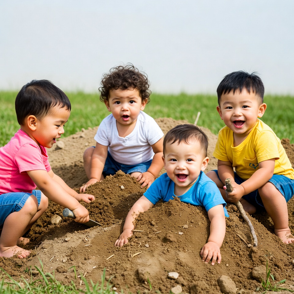 Asian toddlers playing in dirt mound Asian toddlers playing in dirt mound