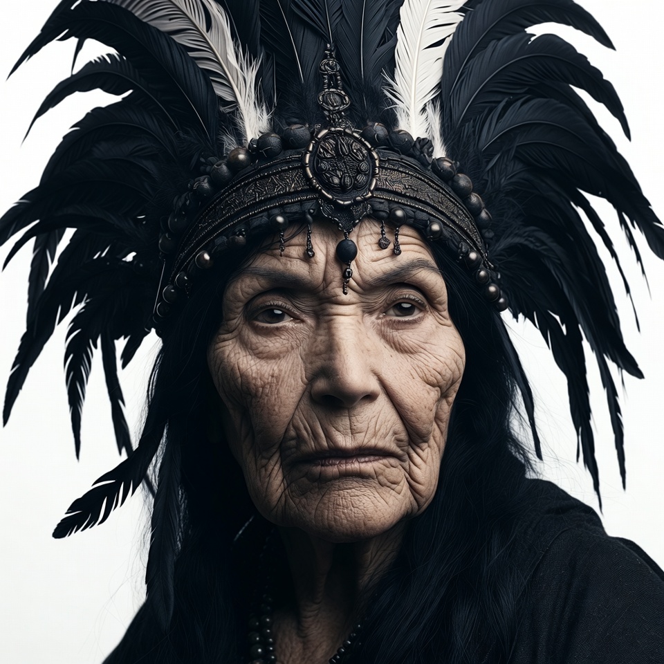Elderly Native American woman in feather headdress Elderly Native American woman in feather headdress