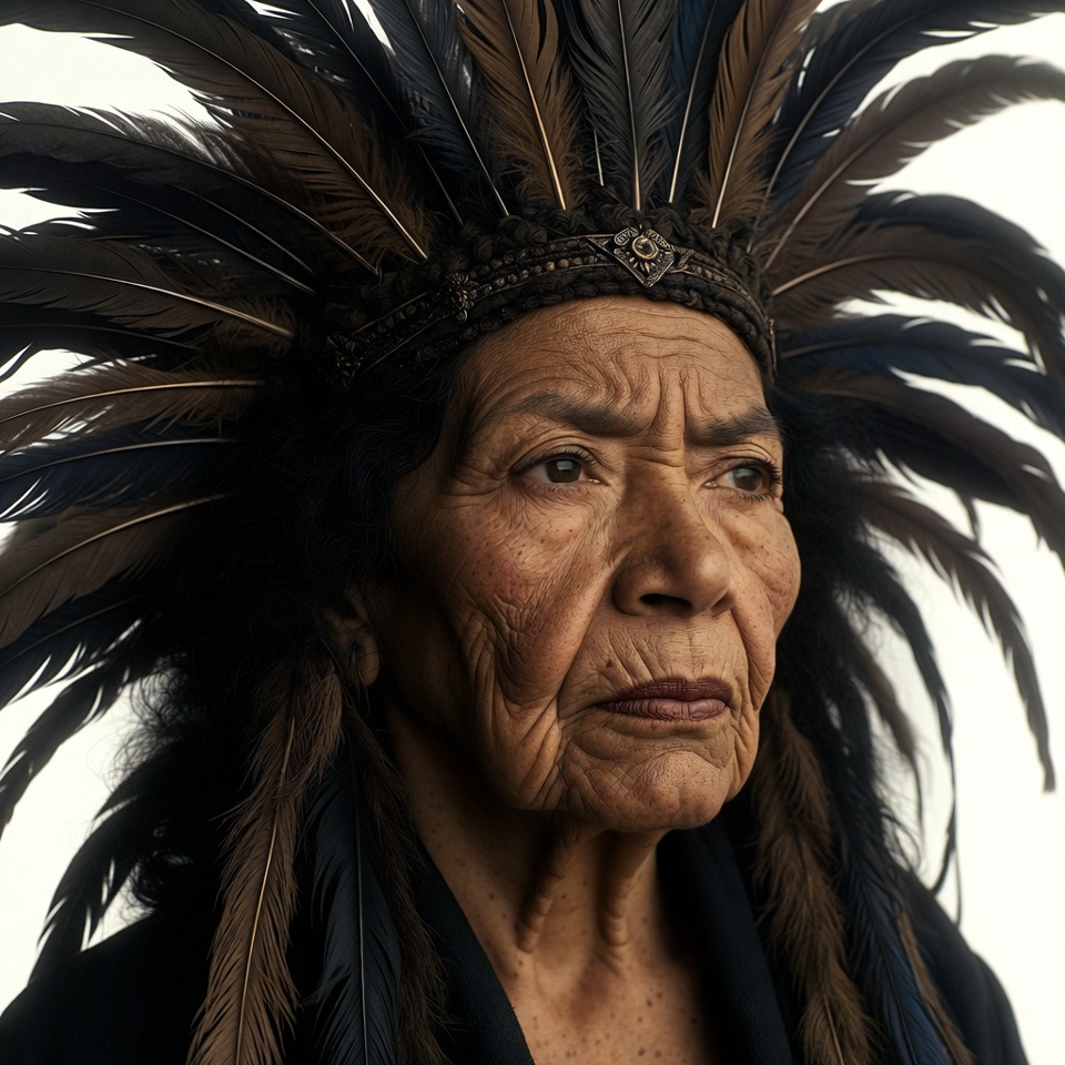 Elderly Native American woman in feathered headdress Elderly Native American woman in feathered headdress