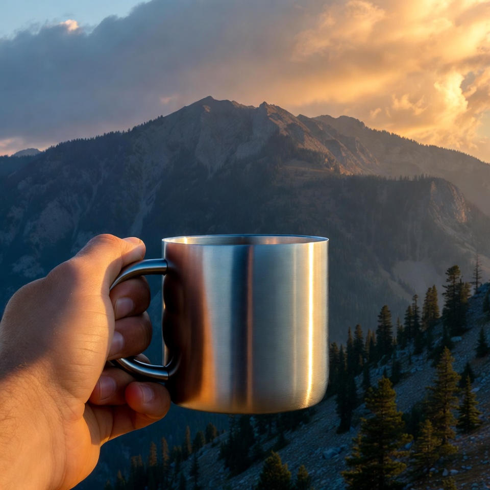 Hand holding mug with mountains Hand holding mug with mountains