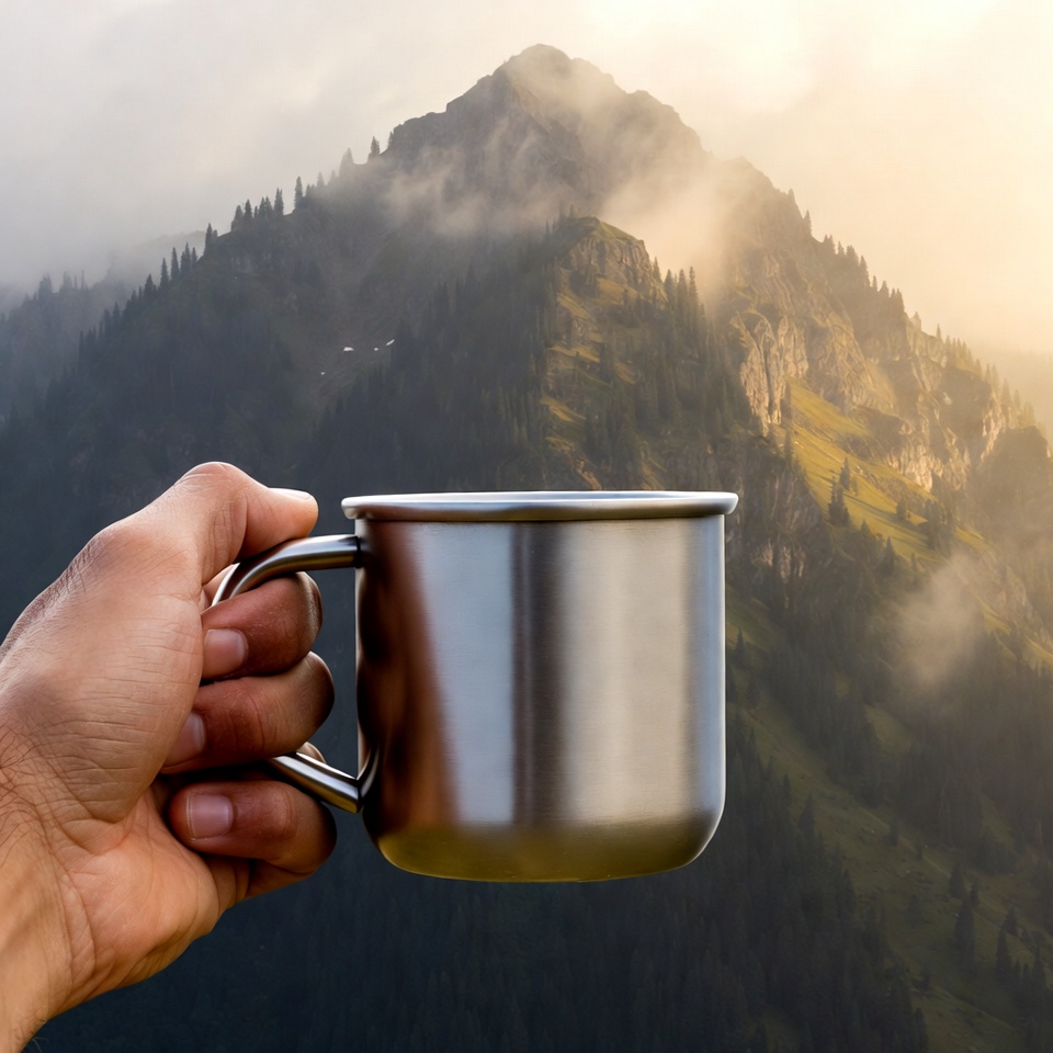 Hand holding mug with mountains Hand holding mug with mountains