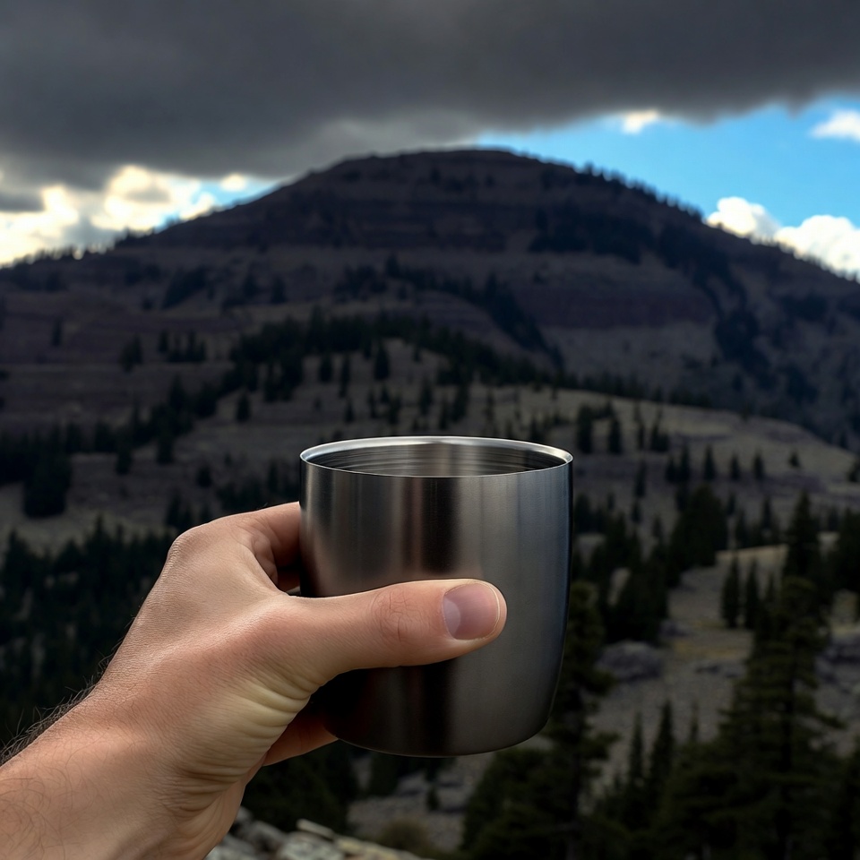 Man holding mug with mountain backdrop Man holding mug with mountain backdrop