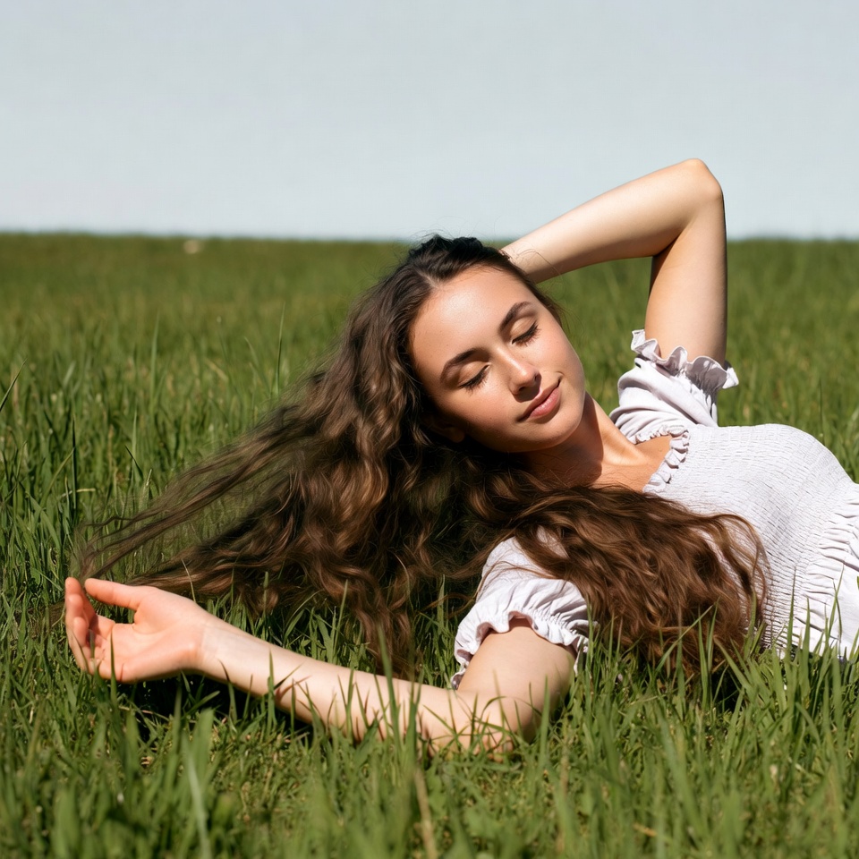 Woman lying in green grass field Woman lying in green grass field