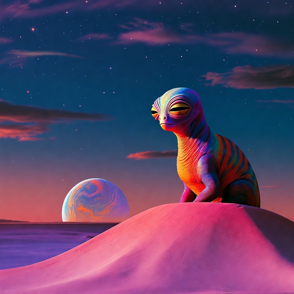 Colorful Alien Creature on Pink Hill Colorful Alien Creature on Pink Hill