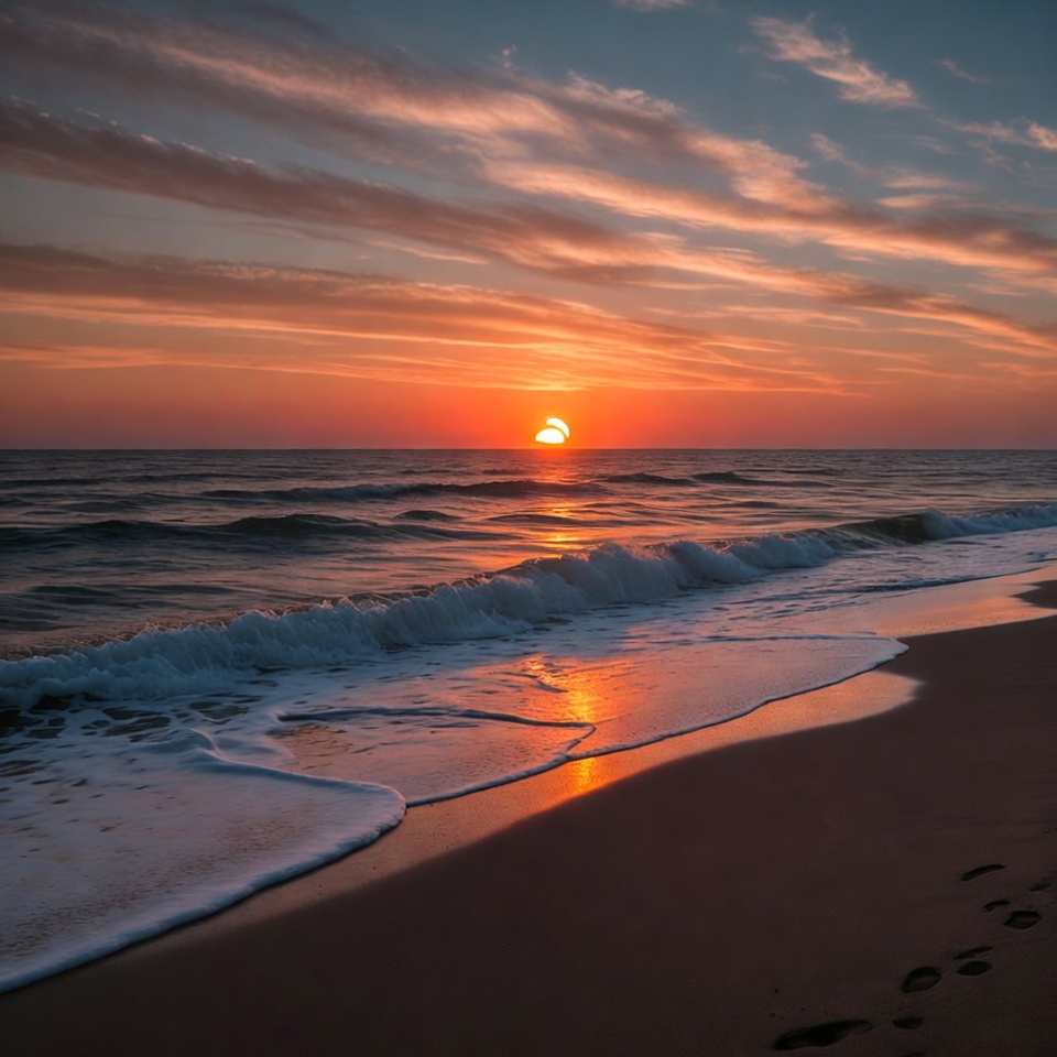 Sunset over beach with footprints Sunset over beach with footprints
