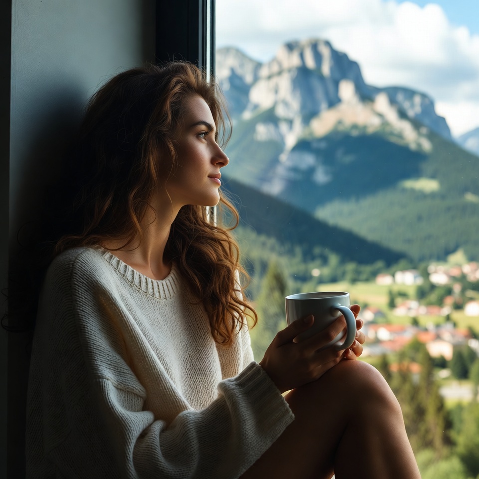 Woman gazing out window at mountains Woman gazing out window at mountains
