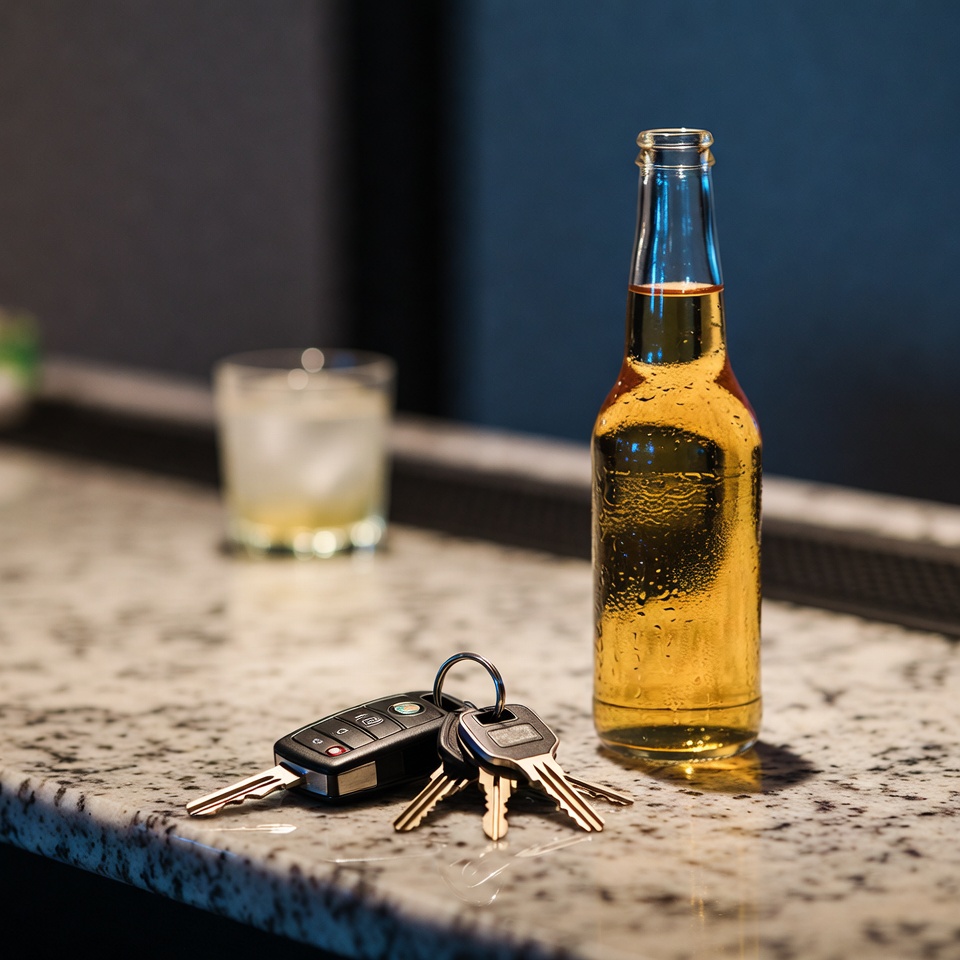 Beer bottle with keys and whiskey glass Beer bottle with keys and whiskey glass