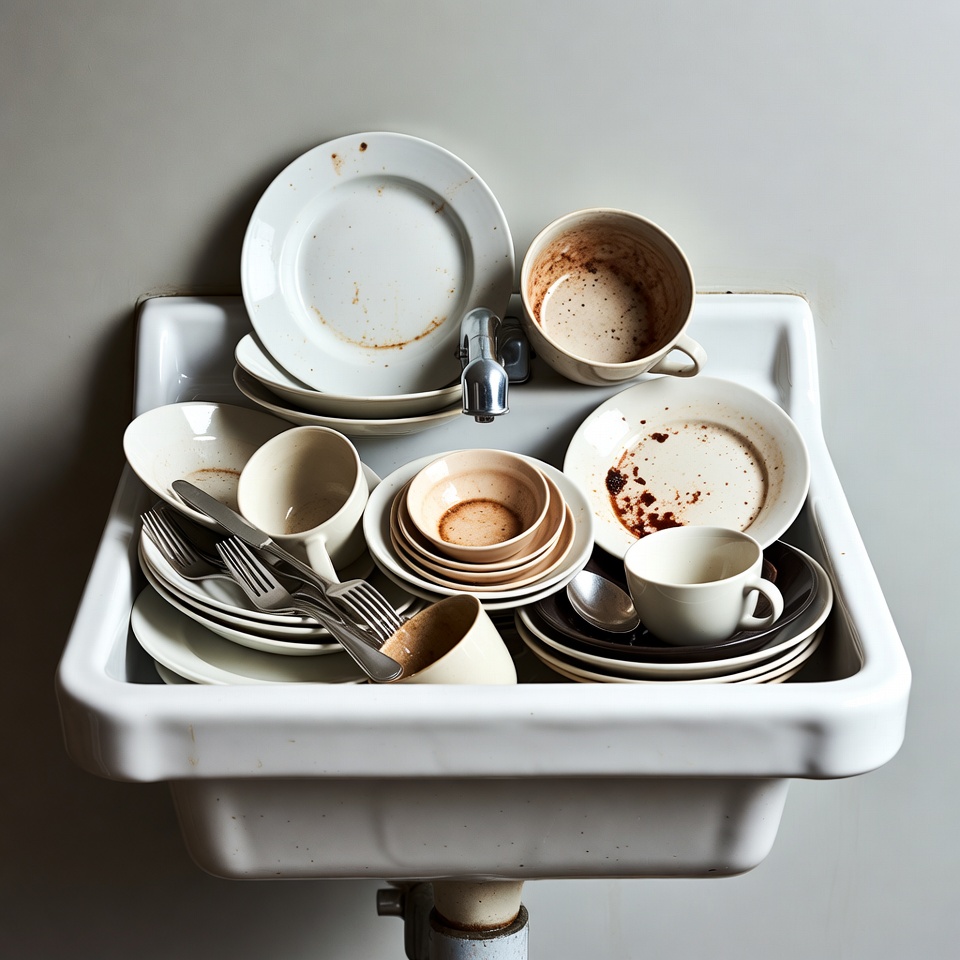 Dirty dishes in kitchen sink Dirty dishes in kitchen sink
