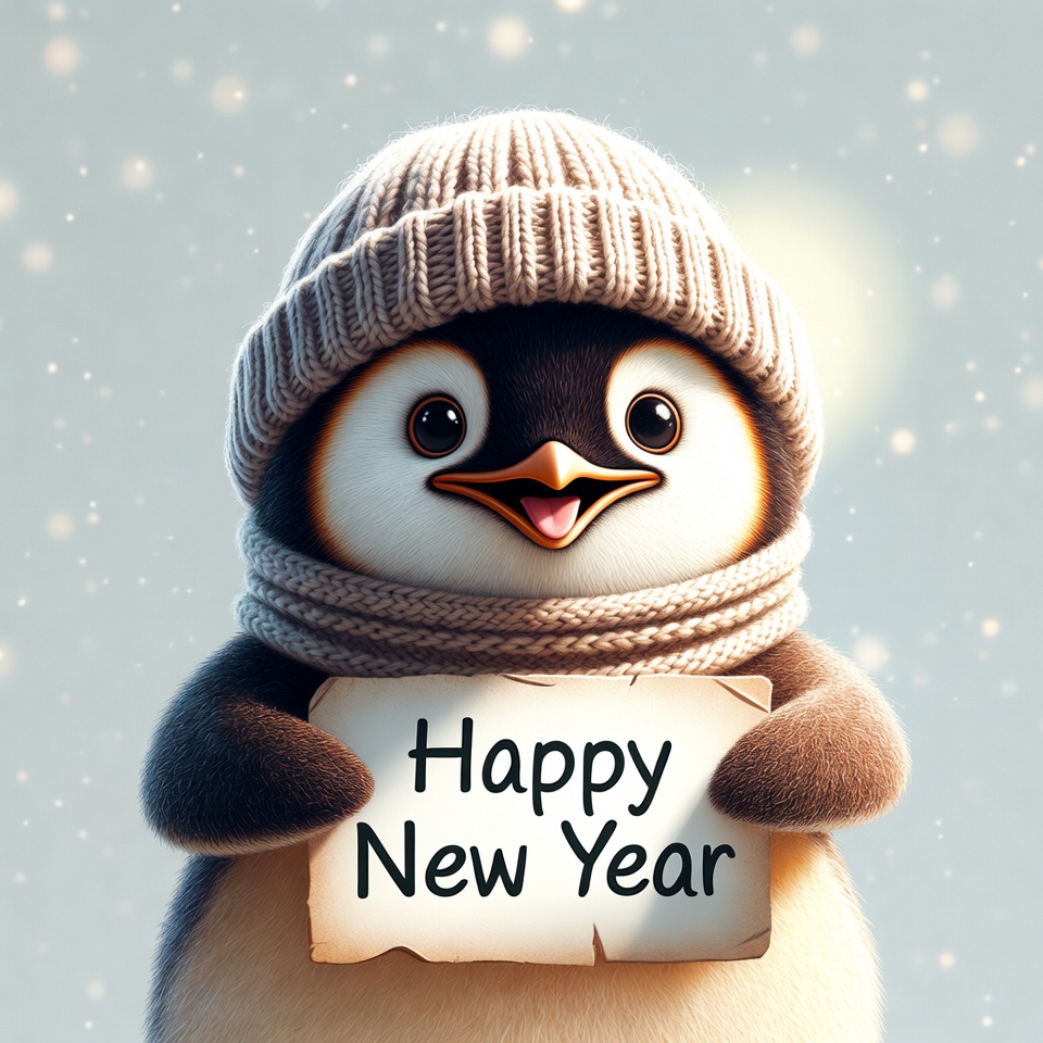 Penguin holding Happy New Year sign Penguin holding Happy New Year sign