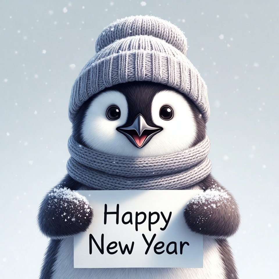 Cute penguin holding Happy New Year sign Cute penguin holding Happy New Year sign