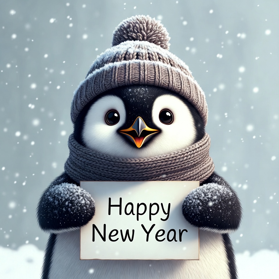 Cute penguin holding Happy New Year sign Cute penguin holding Happy New Year sign