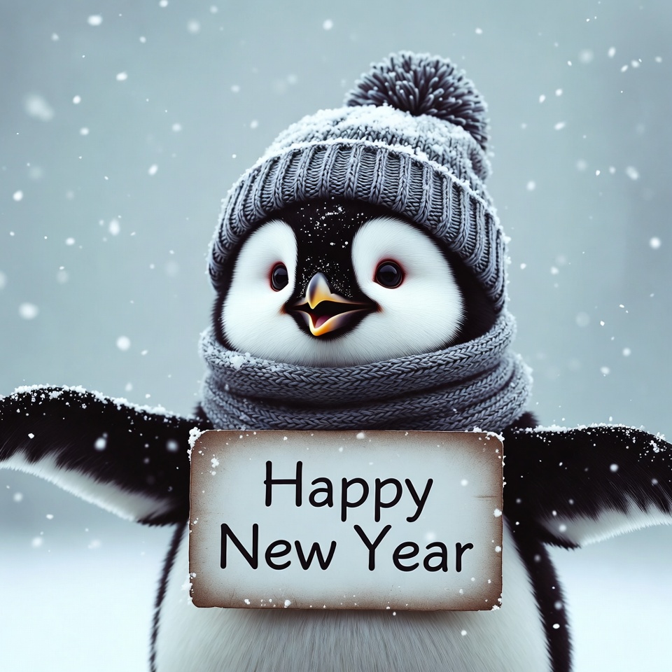 Penguin holding Happy New Year sign Penguin holding Happy New Year sign