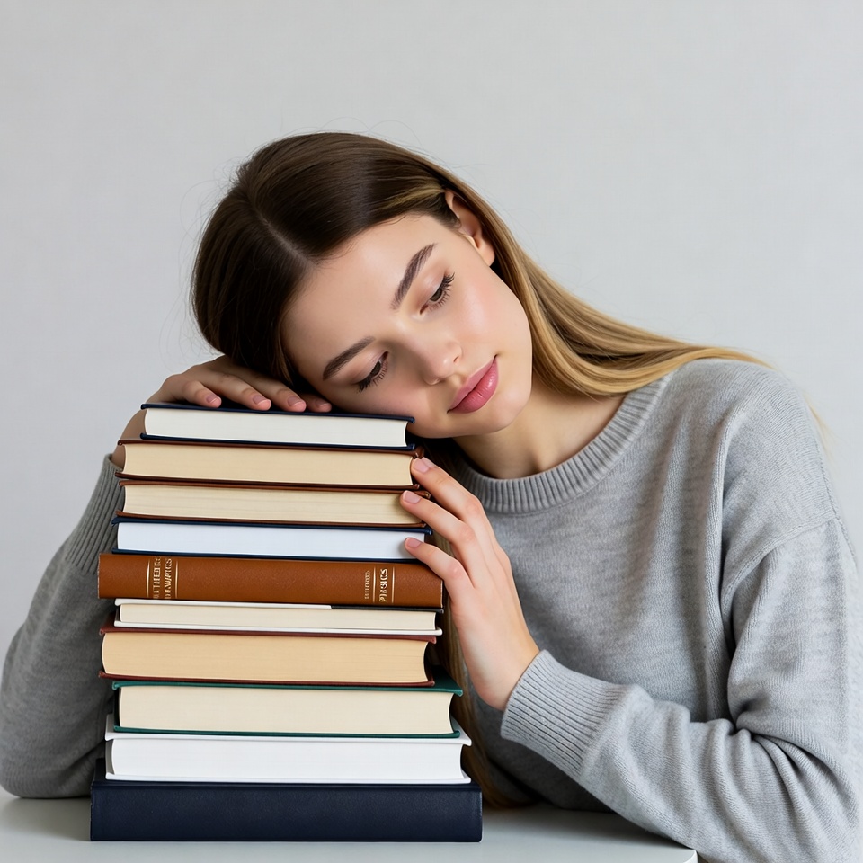 Woman sleeping on stack of books Woman sleeping on stack of books