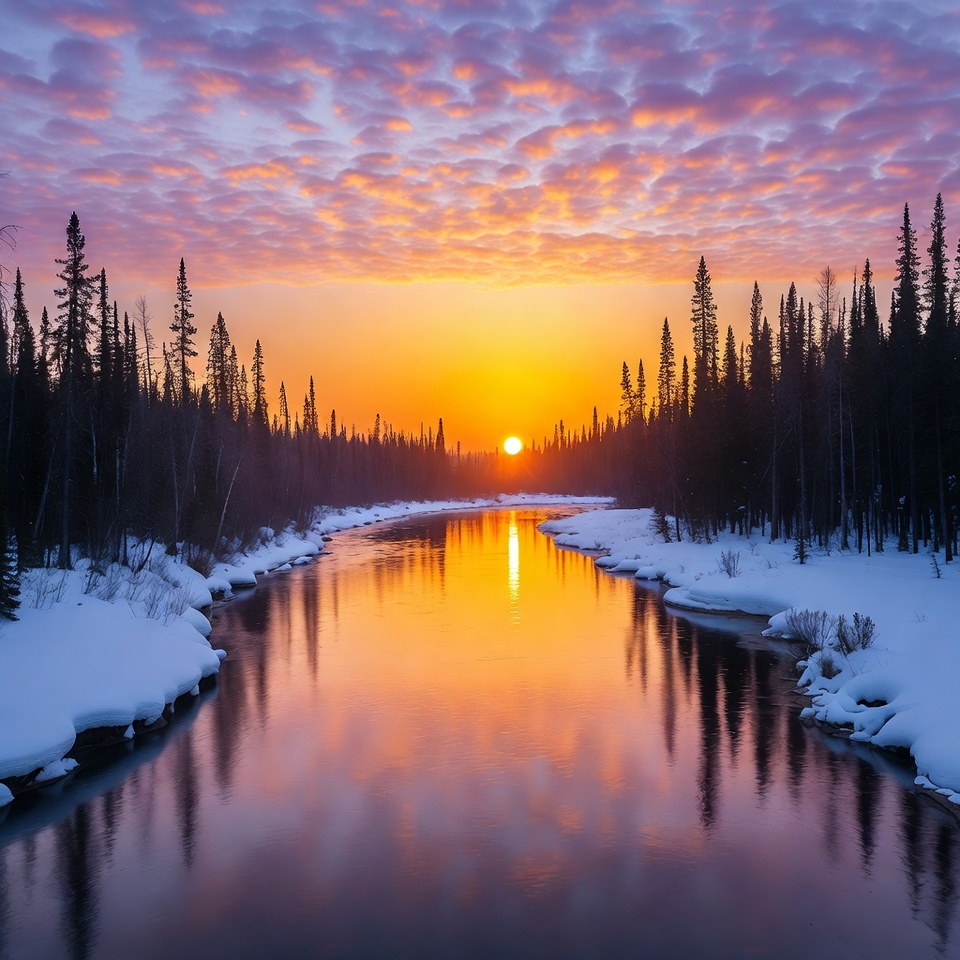 Sunrise over snowy river with pine trees Sunrise over snowy river with pine trees