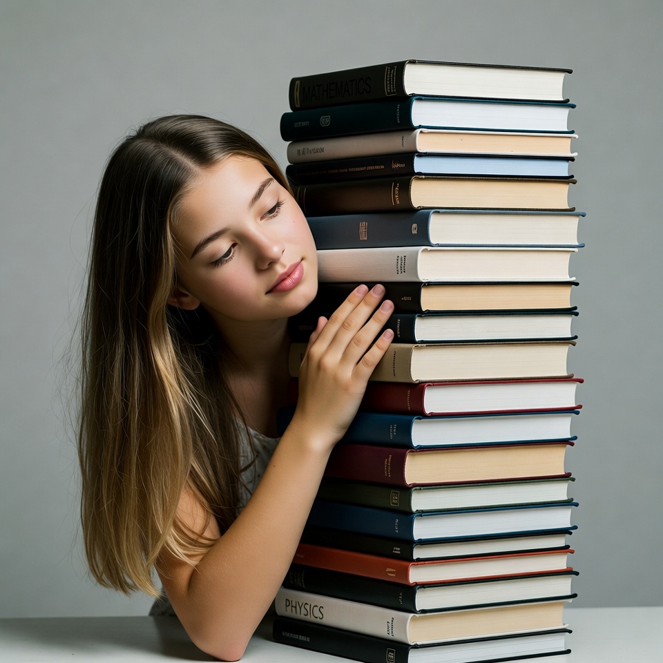 Girl hugging tall stack of books Girl hugging tall stack of books