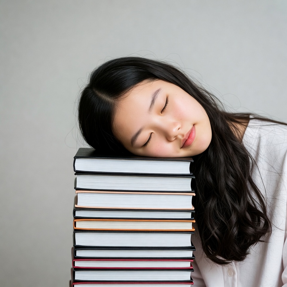 Asian girl sleeping on stack of books Asian girl sleeping on stack of books