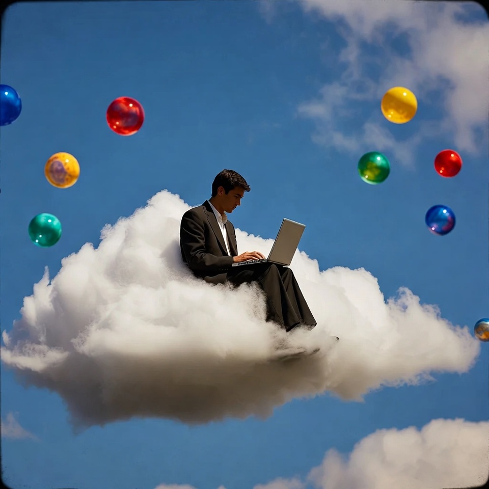 Man working on laptop on cloud Man working on laptop on cloud