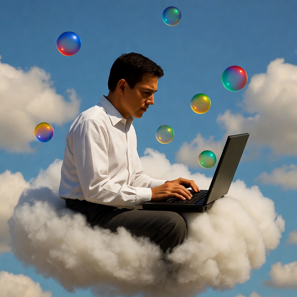 Man working on laptop on cloud Man working on laptop on cloud