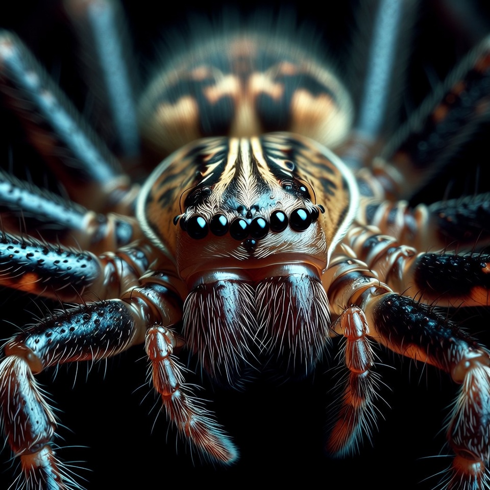 Close-up of striped wolf spider Close-up of striped wolf spider