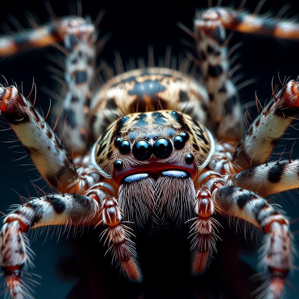 Close-up of striped wolf spider Close-up of striped wolf spider