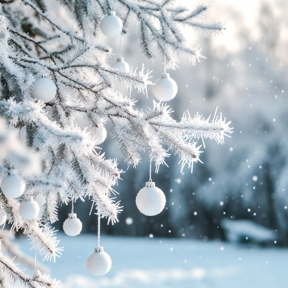 Snowy Christmas Tree with White Ornaments Snowy Christmas Tree with White Ornaments