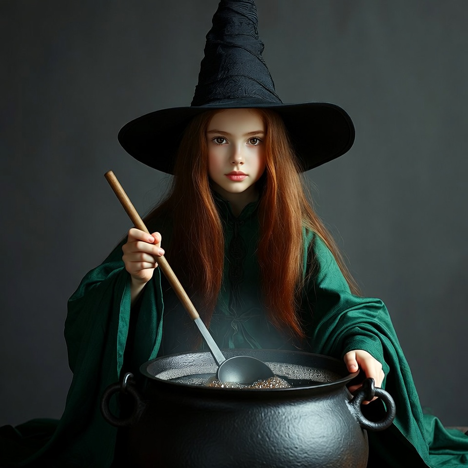 Redhead girl stirring witch cauldron Redhead girl stirring witch cauldron