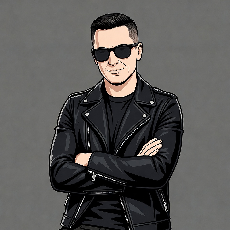 Man in leather jacket with arms crossed Man in leather jacket with arms crossed