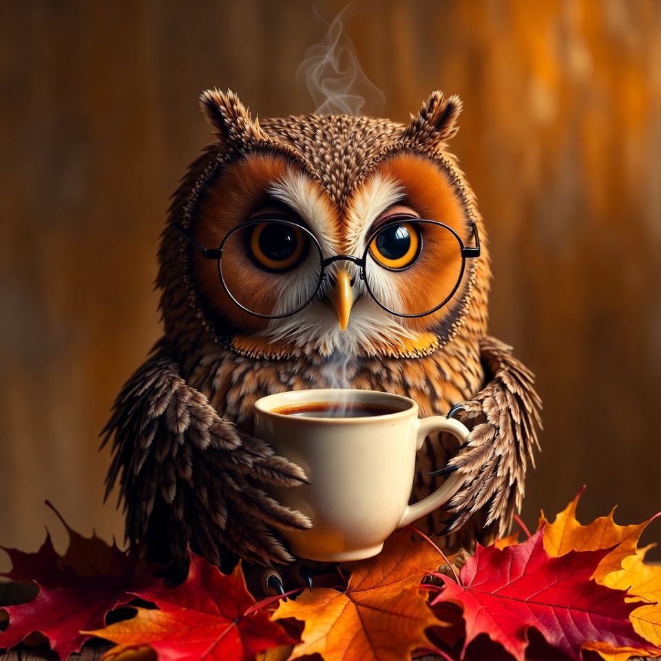 Cute Owl Drinking Coffee with Glasses Cute Owl Drinking Coffee with Glasses