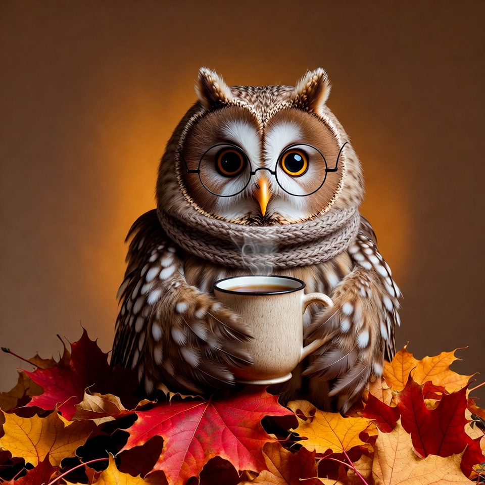 Owl wearing glasses holding teacup Owl wearing glasses holding teacup